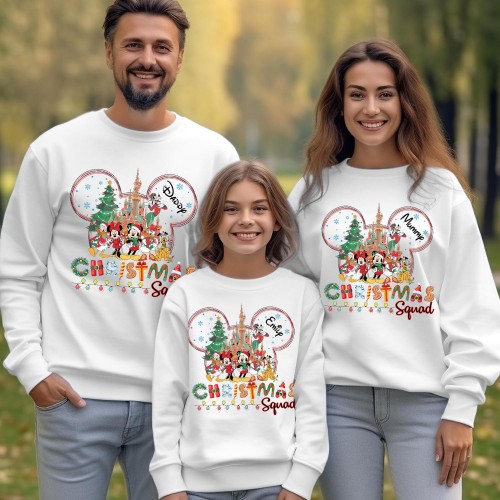 Personalised Christmas Squad Sweatshirt, Custom Family Matching Disney Holiday Jumper, Mickey Magic Kingdom Crewneck Xmas Novelty Gift Sweaters