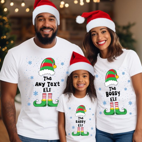 Personalised Family Elf Christmas T Shirt, Custom Name Matching Group Elf Graphic Tee, Cute Holiday Pajamas Gift Present Crew Top