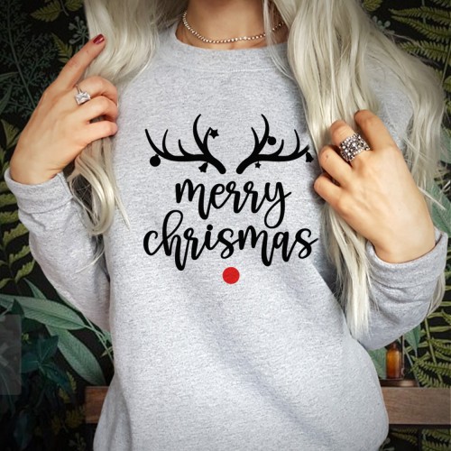 Reindeer Antlers Merry Christmas Sweatshirt, Cosy Xmas Jumper Rudolph Graphic Crewneck, Funny Festive Outfit Holiday Sweater Men Women Kids