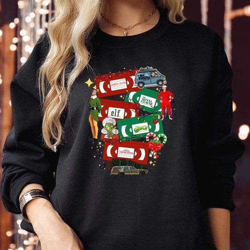 Retro Funny Christmas Movie Sweatshirt with Cassette Design – Holiday Film Lover's Festive Jumper