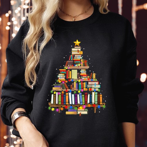 Book Lover Christmas Tree Sweatshirt, Funny Bookish Librarian Jumper, Whimsical Reader Novelty Graphic Crewneck Matching Family Holiday Gift Sweater