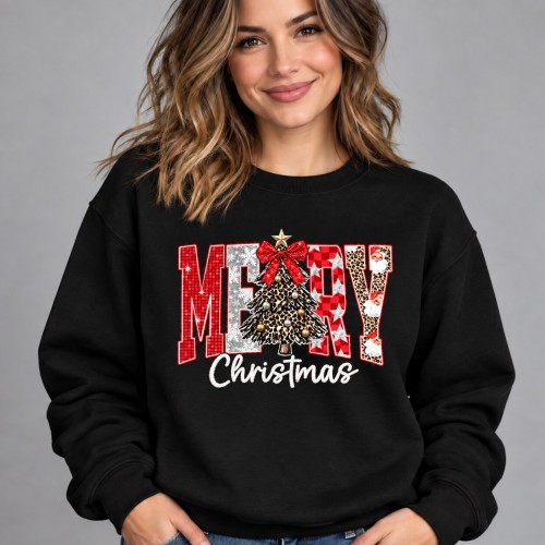 Merry Christmas Leopard Tree Sweatshirt | Stylish Womens Festive Plaid Xmas Gift Costume Outfit Jumper