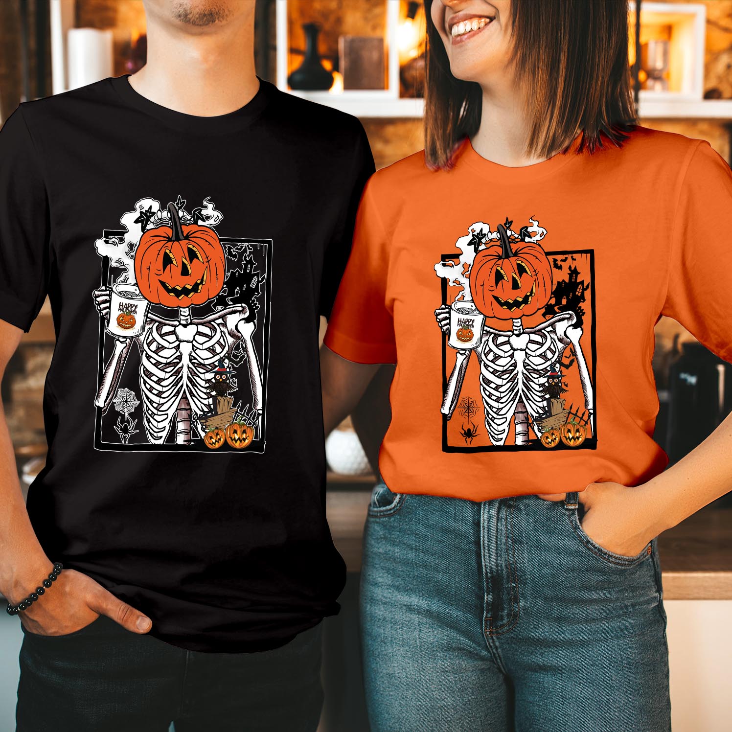 Skeleton Pumpkin Halloween Coffee T-Shirt Celebrate Spooky Season Fun and Festive Tee Perfect for Fall Coffee Lovers and Halloween Parties Shirt