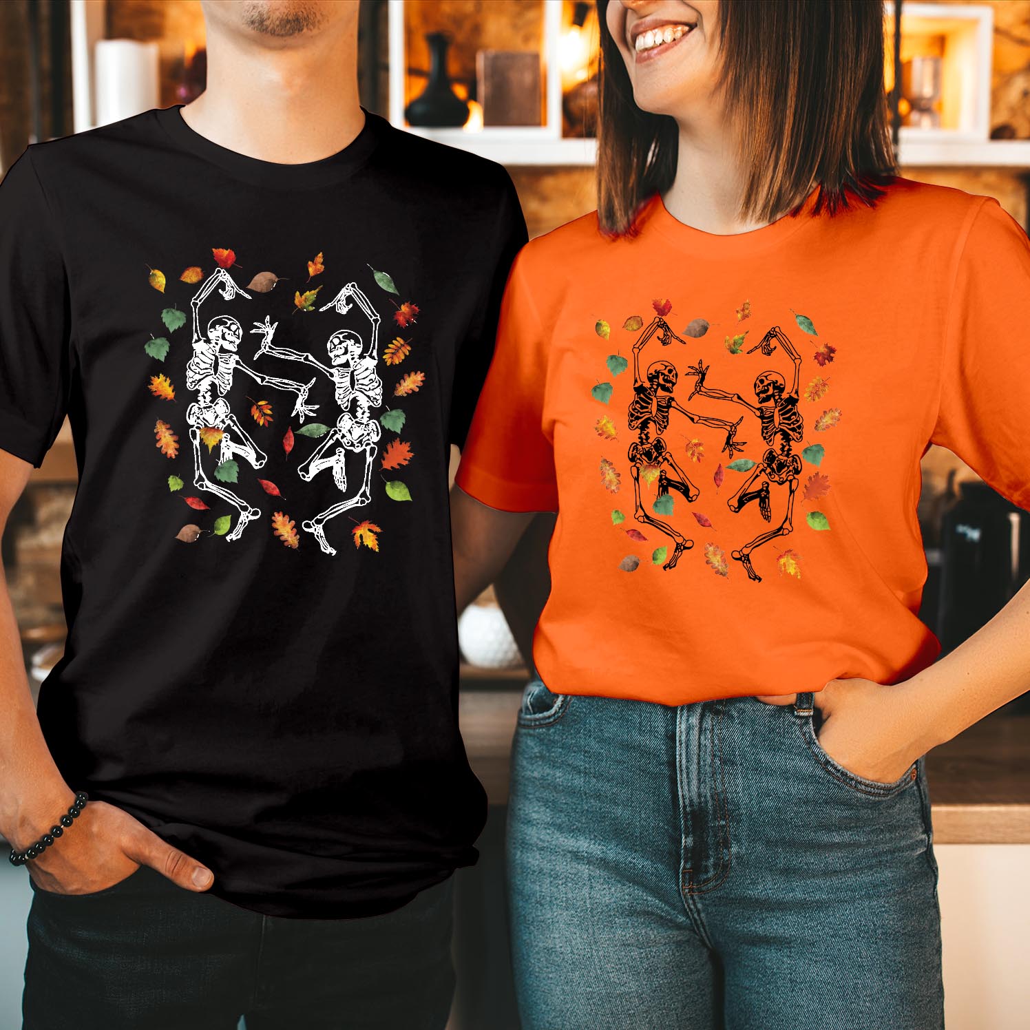 Fall Leaves Dancing Skeleton Happy Halloween T-Shirts Perfect Halloween Teacher Gifts, Spooky Autumn Apparel for Festive Celebrations Classroom Fun T Shirt