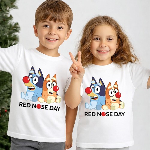 Official Bluey & Bingo Red Nose Day T-Shirt, Family Character Charity Clothing, Comic Relief T Shirt & Tops, Kids & Childrens Red Nose Day Tee