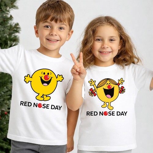 Official Mr Men & Little Miss Red Nose Day T-Shirt, Mr. Happy & Little Miss Sunshine Charity Tops, Comic Relief T Shirt, Kids & Childrens Red Nose Day Tee