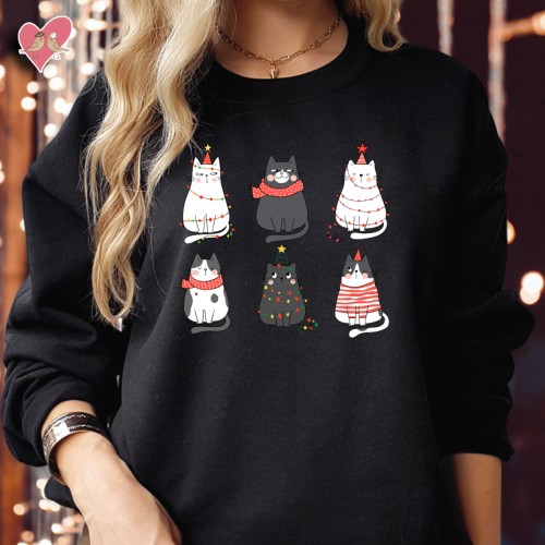 CHRISTMAS CAT Sweatshirts, Lighting Cats Meowy Catmas Funny Elf Men Women Kids Outfit Holiday Gift Tops, Merry Xmas Jumper