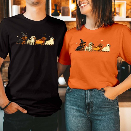 Dachshund Dog Costumes Witch Mummy Hotdog Ghost Wiener Dog Autumn Halloween T-Shirt, Cute Doxie Pet Lover Tee, Spooky Sausage Dog Top