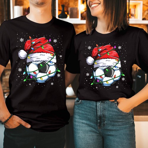 Christmas Soccer Ball T Shirt, Funny Football Player Santa Hat Graphic Tee, Xmas Matching Couples Sports Winter Holiday Novelty Gift Top