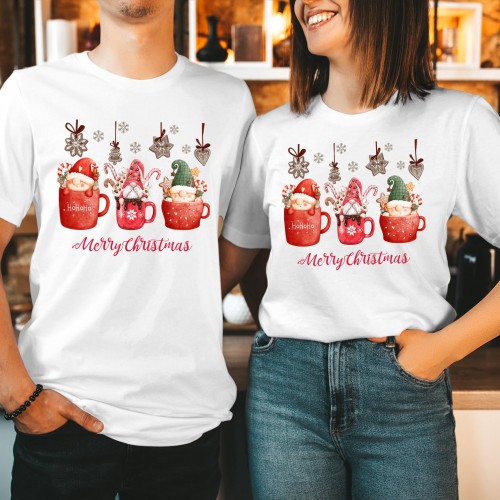 Cute Christmas Gnomes Coffee T Shirt, Funny Hot Cocoa Mug Graphic Tee, Watercolor Festive Holiday Matching Couples Tops, Xmas Gift Idea Present