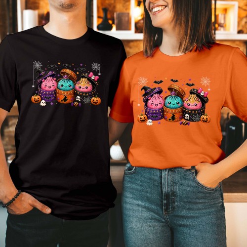 Kawaii Halloween Dumpling T-Shirt, Glitter Dim Sum Witch Hat Spooky Shirt, Cute Asian Foodie Steamer Basket Top, Sparkly Autumn Party Tee