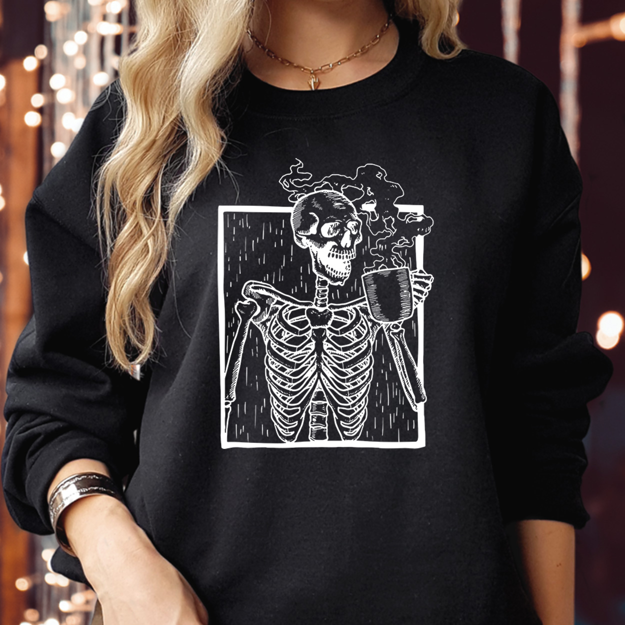 SWEATSHIRT (1802) Hot Coffee Drinking Skeleton