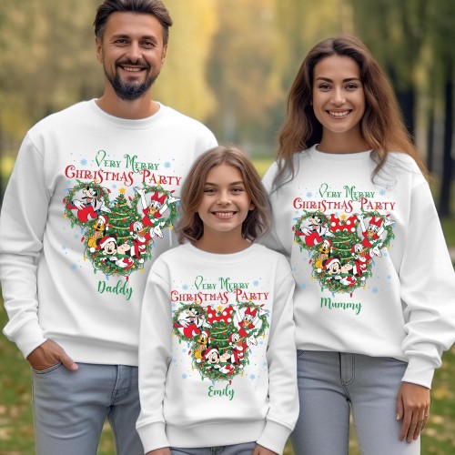 Personalised Very Merry Party Sweatshirt, Custom Family Matching Mickey Holiday Jumper, Disney Christmas Wreath Crewneck Novelty Gift Sweater