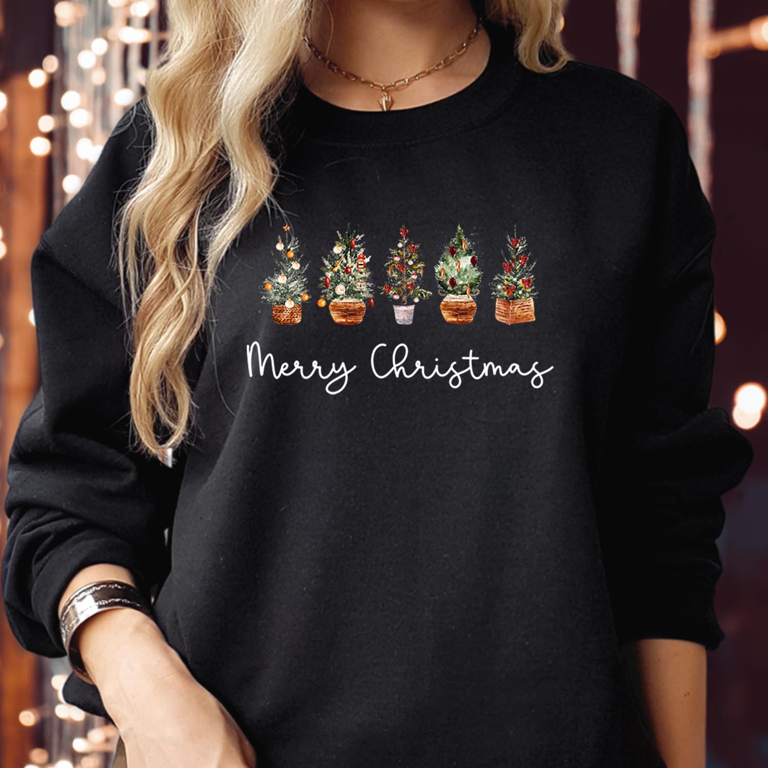 Merry Christmas Trees Sweatshirt, Cute Holiday Lights Jumper Minimalist Xmas Tree Farm Sweater, Simple Winter Gift Family Holiday Top Jumper