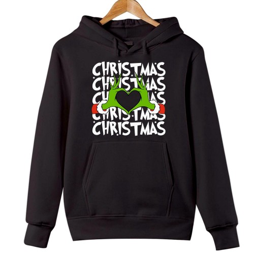 Grinch Christmas Love Heart Hoodie, Repeating Christmas Text Green Hands Pullover, Xmas Santa Cuff Hoody, Men Women Kids Gift Pajamas Jumper