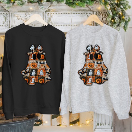 Quilted Plaid Ghost Halloween T-Shirt, Sweatshirt, Hoodie – Trick or Treat Pumpkin Outfit for Men, Women, Kids Parties Top