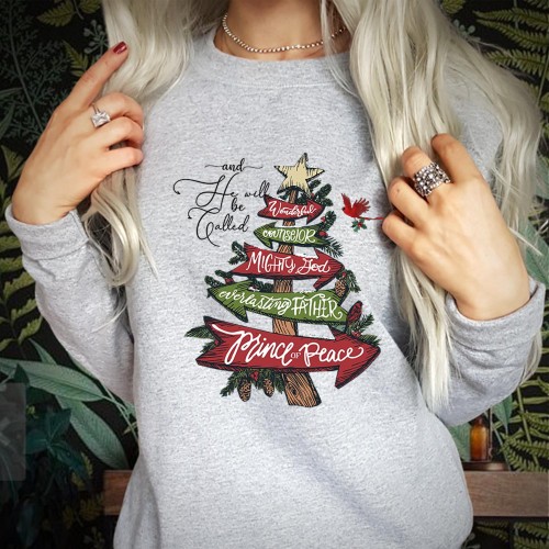 Christian Christmas Ribbon Tree Sweatshirt, Biblical He Will Be Called Faith Jumper, Religious Isaiah Graphic Crewneck Prince Of Peace Gift Sweater