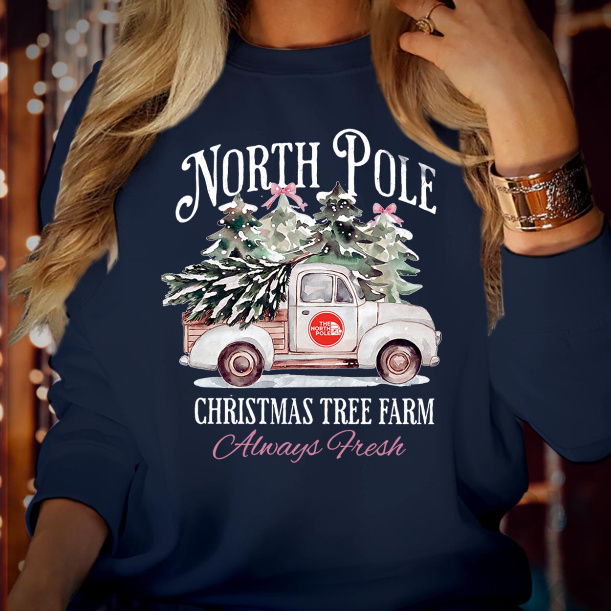 North Pole Christmas Tree Farm Sweatshirt, Vintage Truck Xmas Jumper, Holiday Family Gift, Always Fresh, Santa Lights Sweater