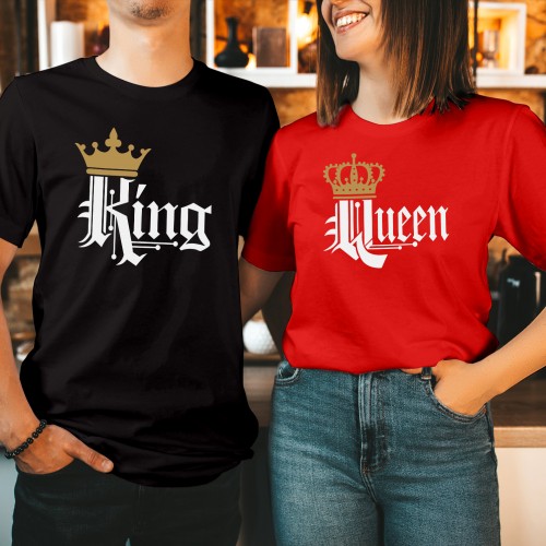 King and Queen Matching Couple Shirt - Gold Crown Graphic Tees for Men & Women - Romantic Valentine's Day Gift T-Shirt