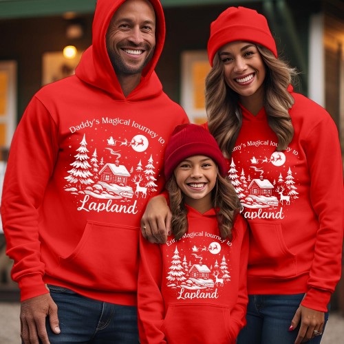 Personalised Lapland 2026 Family Matching Christmas Hoodie, Custom Log Cabin Santa Sleigh Holiday Jacket, Festive Xmas Winter Scene Hooded Jumper