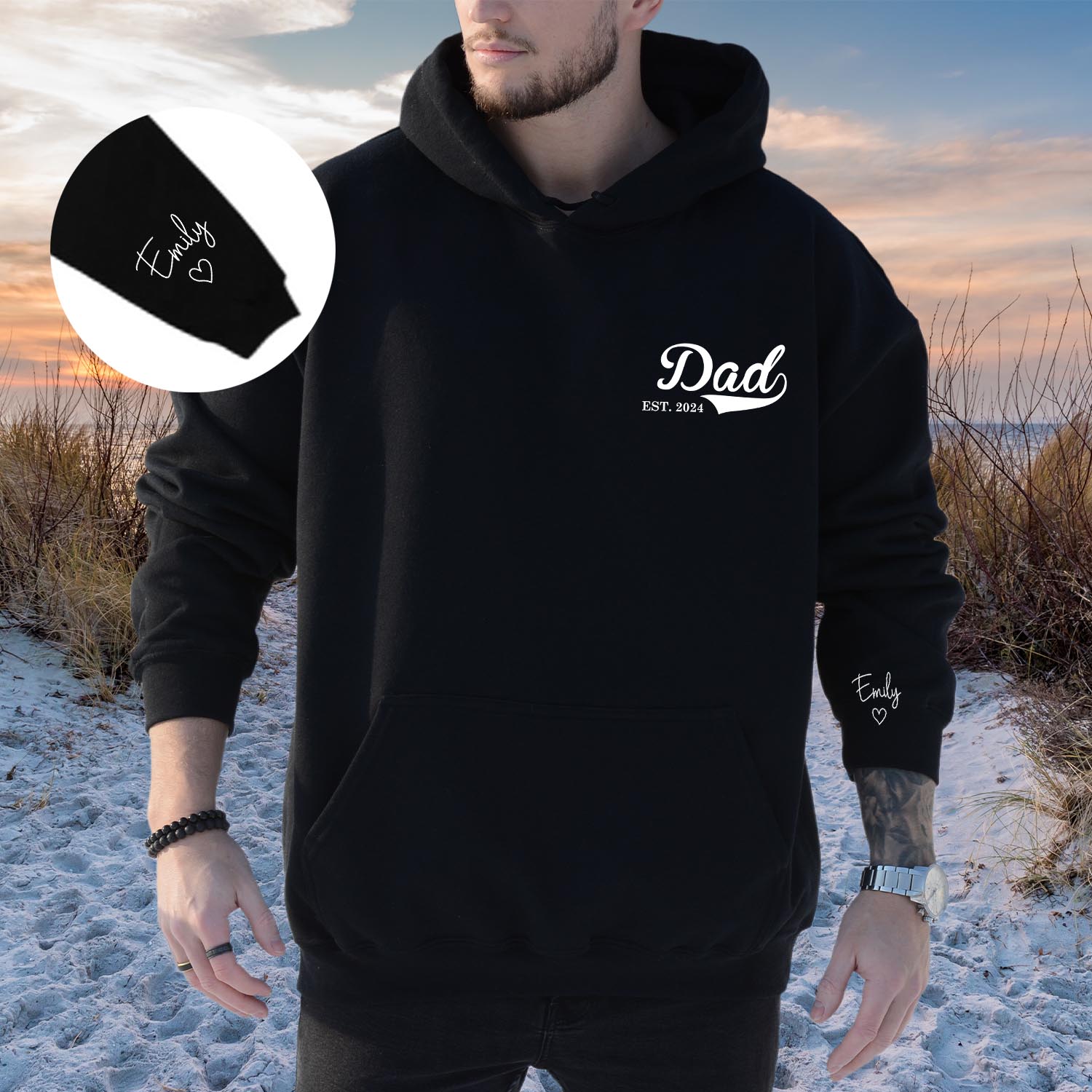 Personalised Dad Est Baby Child Custom Name on Sleeve Father's Day Hoodie Kids Name Daddy Papa Super Dad Birthday Funny Fathers Day Hooded Jackets