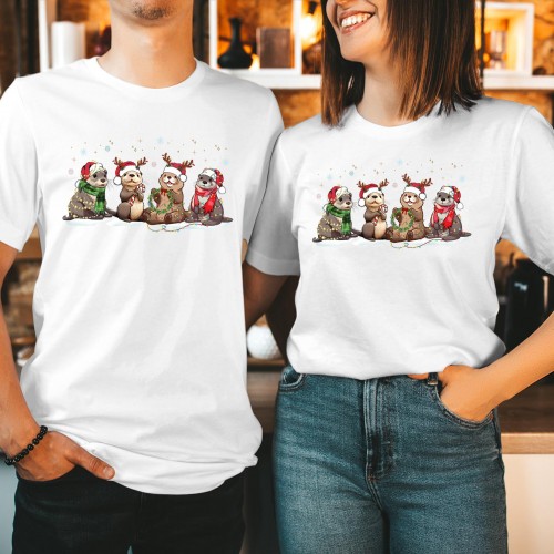 Cute Merry Christmas Otters T Shirt, Funny Wild Animal Sea River Lover Graphic Tee, Whimsical Winter Matching Couples Family Holiday Gift Top Present