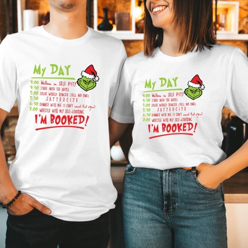 My Day Im Booked Christmas T-Shirt, Funny Sarcastic Holiday Graphic Tee, Cute Grinchmas Party Xmas Tops, Christmas Gift Ideas Secret Santa