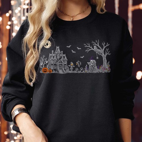 Haunted House Pumpkin Witch Sweatshirt | Spooky Graveyard Line Art Jumper