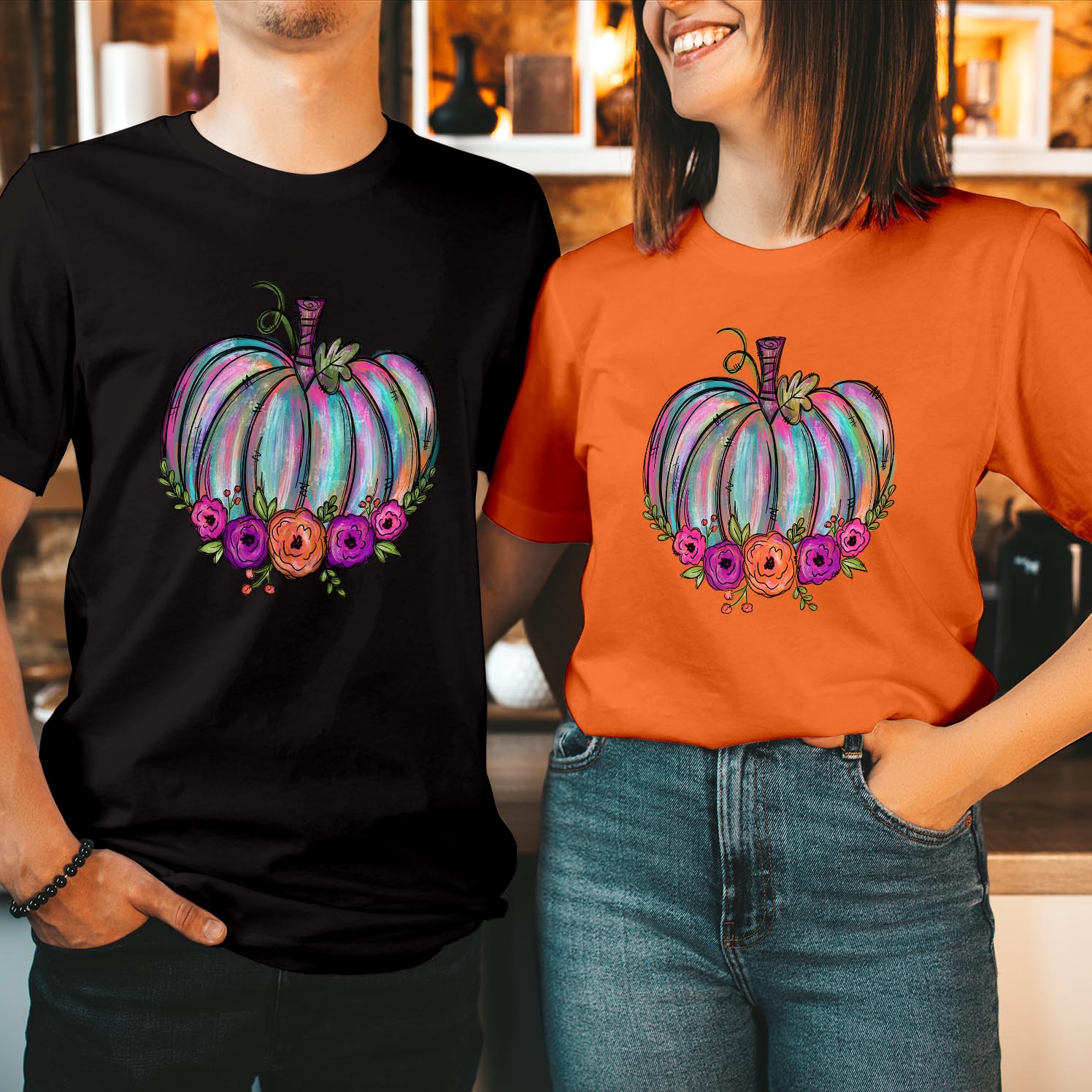 Watercolor Floral Pumpkin Halloween T-Shirt Vibrant Autumn Fall Shirt Spooky Season Autumn Lovers Comfortable and Stylish Halloween Apparel Gift T Shirt