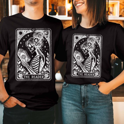 The Reader Tarot Card T-Shirt Skeleton Book Lover Gothic Halloween Tee, Unisex Autumn Apparel for Adults & Kids T Shirt