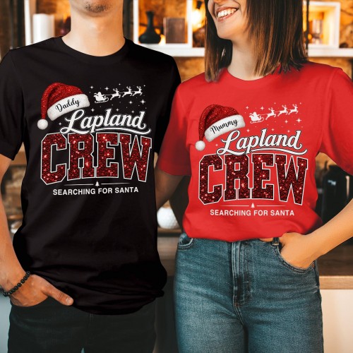 Personalised Lapland Crew Family Matching Christmas Shirt, Custom Red Glitter Print Santa Hat Xmas Holiday Trip T-Shirts