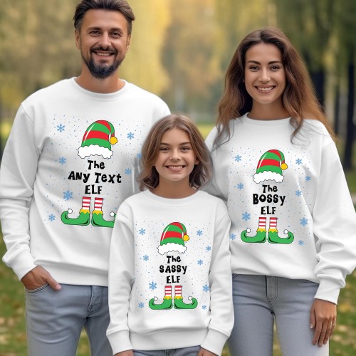 Personalised Family Elf Christmas Sweatshirt, Custom Name Matching Group Elf Jumper, Cute Holiday Pajamas Crewneck Xmas Pullover Gift Sweater