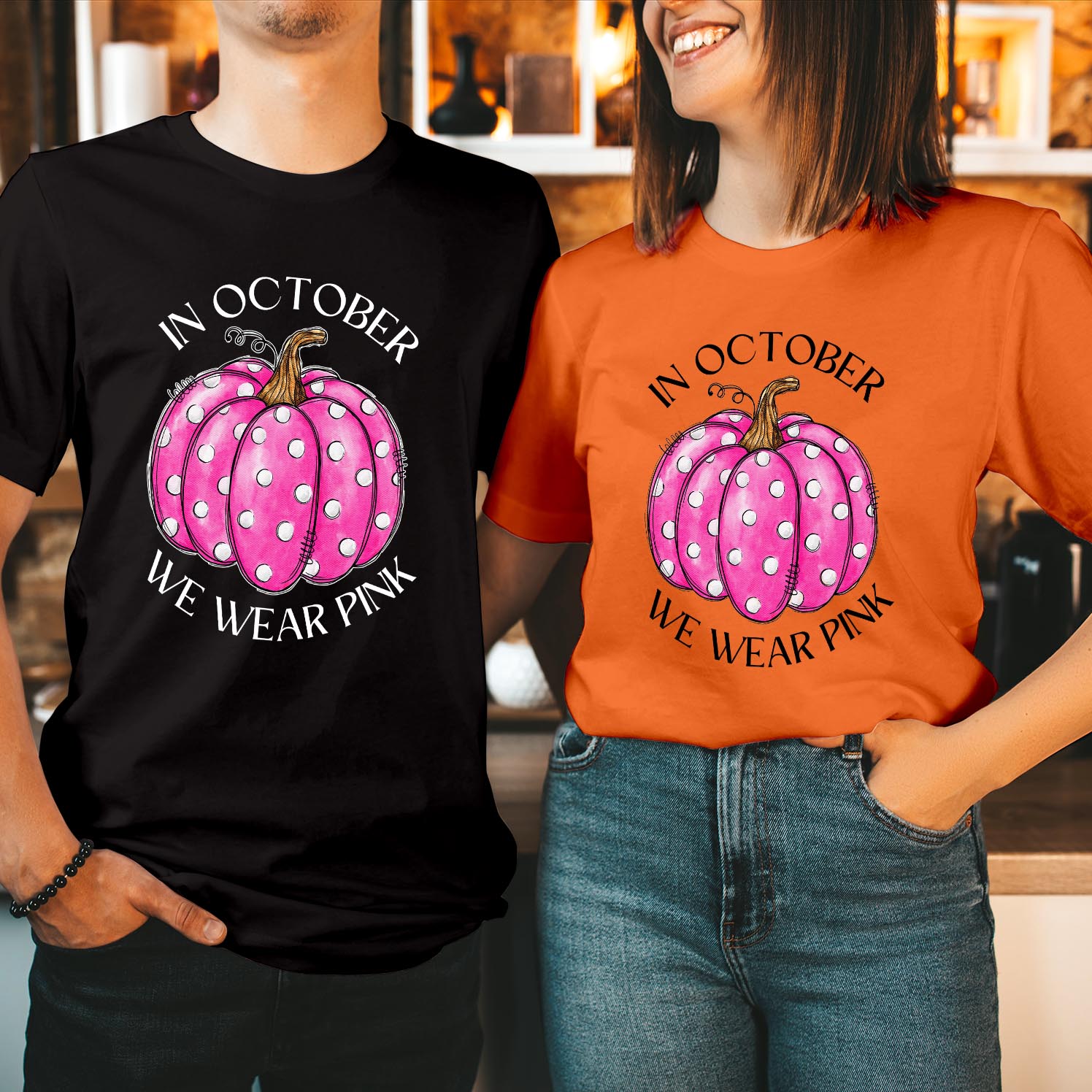 In October We Wear Pink Halloween T-Shirt Pink Pumpkins, Fall Vibes, Breast Cancer Awareness, Pink Ribbon Support, Perfect for Halloween & Fall Season T Shirt