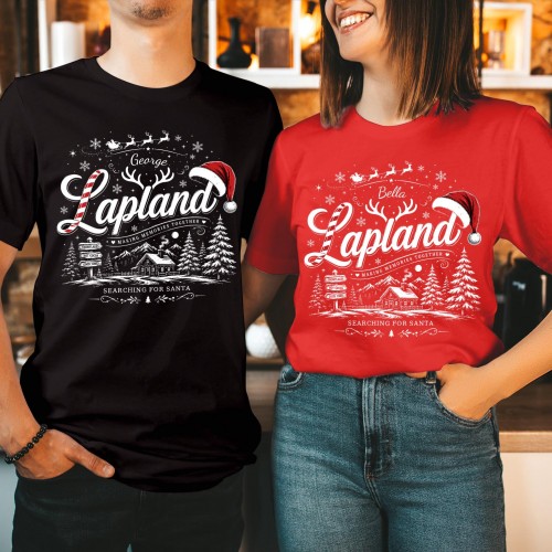 Personalised Lapland 2026 Family Matching Christmas T-Shirt, Custom Candy Cane Log Cabin Holiday Group Xmas Tees