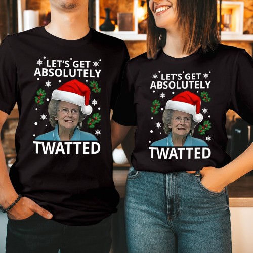 Funny Doris Christmas T Shirt, Let's Get Absolutely Twatted Graphic Tee, Iconic British Comedy TV Show Matching Couples Winter Novelty Gift Top