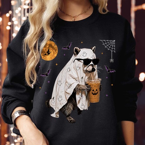 Ghost Raccoon Iced Coffee Sweatshirt | Cool Trash Panda Halloween Jumper