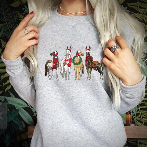 Funny Christmas Horse Reindeer Sweatshirt, Cute Equestrian Pet Lover Graphic Jumper, Whimsical Xmas Matching Couples Family Holiday Gift Sweater