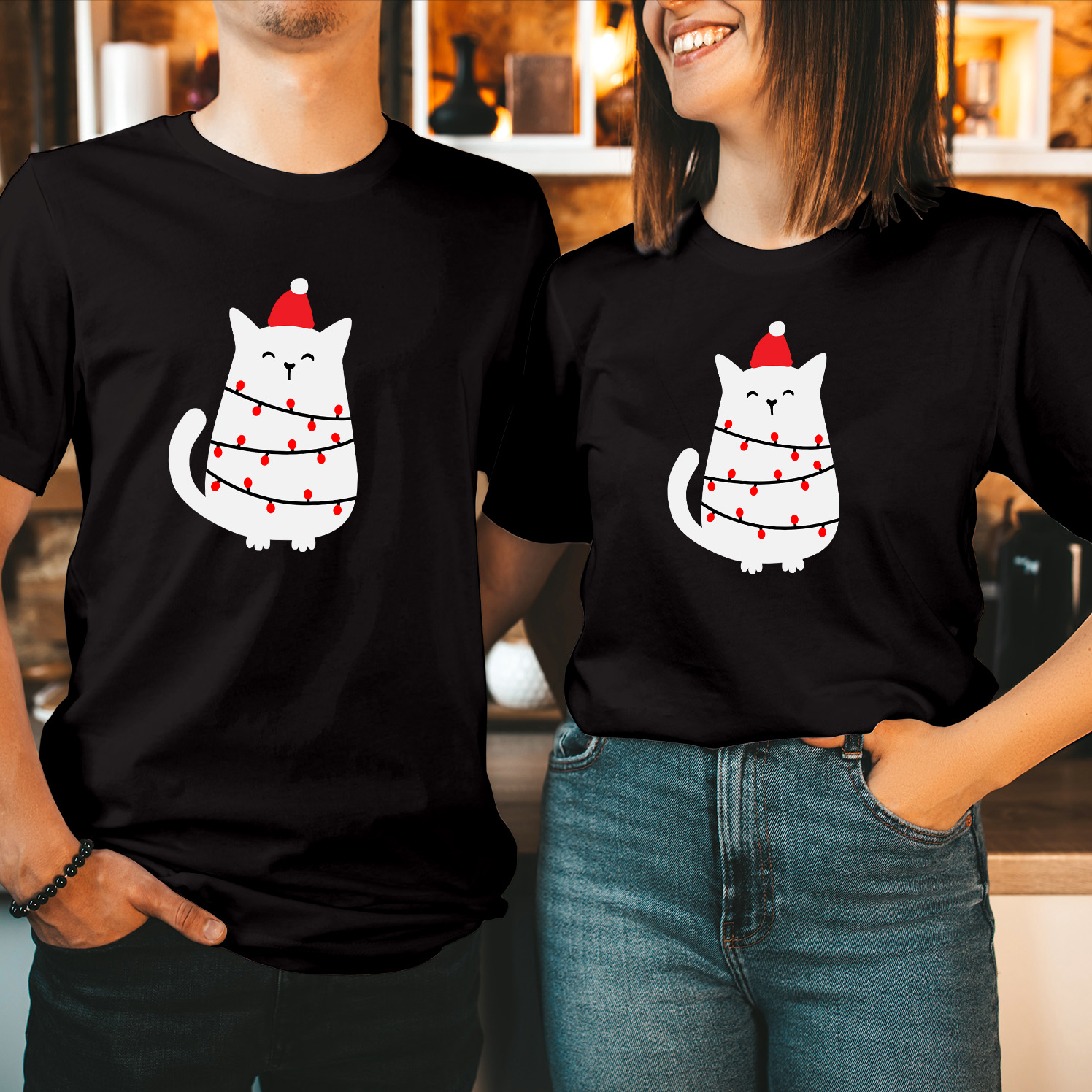 Cat Wearing Santa Hat Christmas Lights T-Shirt