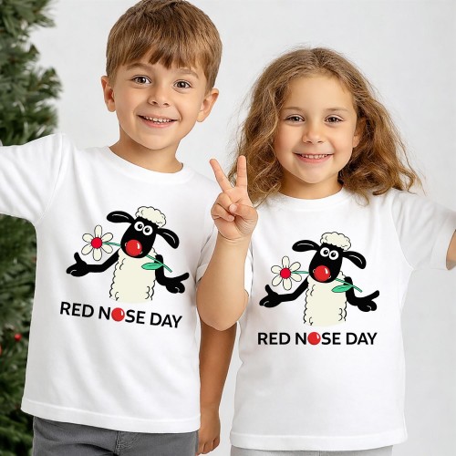 Shaun the Sheep Flower Red Nose Day T-Shirt, Comic Relief T Shirt & Tops, Aardman Comic Relief Clothing, Kids & Childrens Red Nose Day Tee