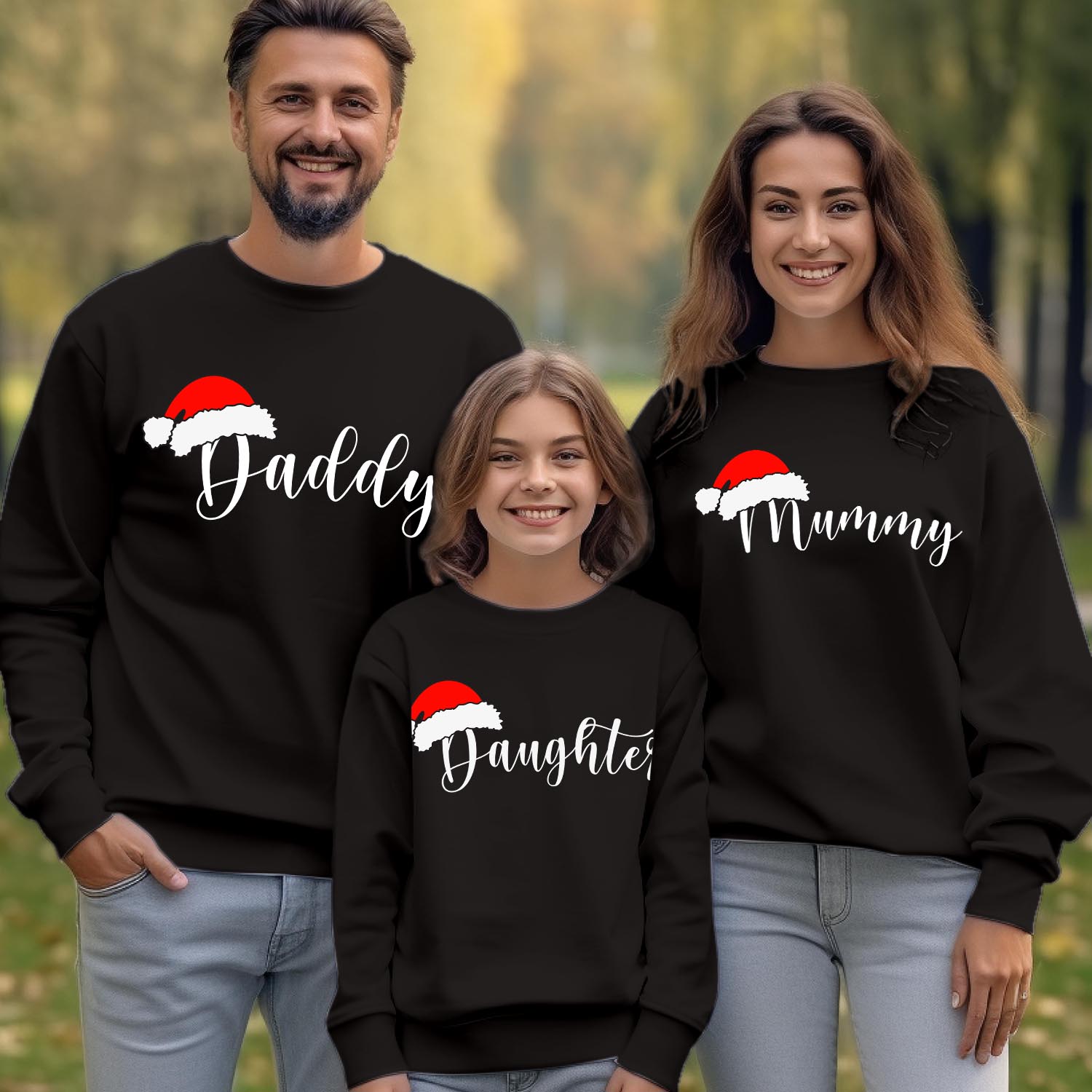 Personalised Santa Hat Family Matching Sweatshirts, Custom Script Name Holiday Crewneck, Mummy Daddy PJs Gift Set Customised Xmas Top