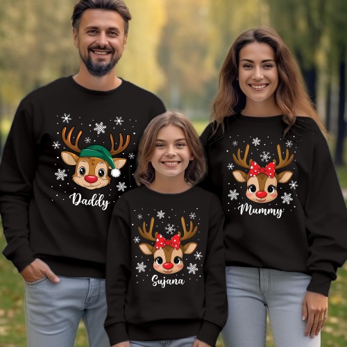 Personalised Reindeer Family Christmas Sweaters, Custom Name Holiday Kids Crewneck Jumper, Matching Sibling Xmas Sweatshirt Set