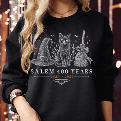 Salem 400 Years 1626–2026 Sweatshirt | Witch Hat & Cat Halloween Jumper