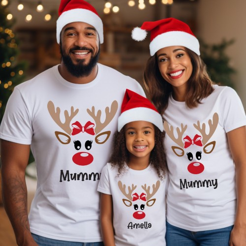 Custom Reindeer Family Matching Christmas Shirts, Personalised Name Rudolph Red Bow Tee, Holiday Vacation Group Pyjamas Crew Present Tops