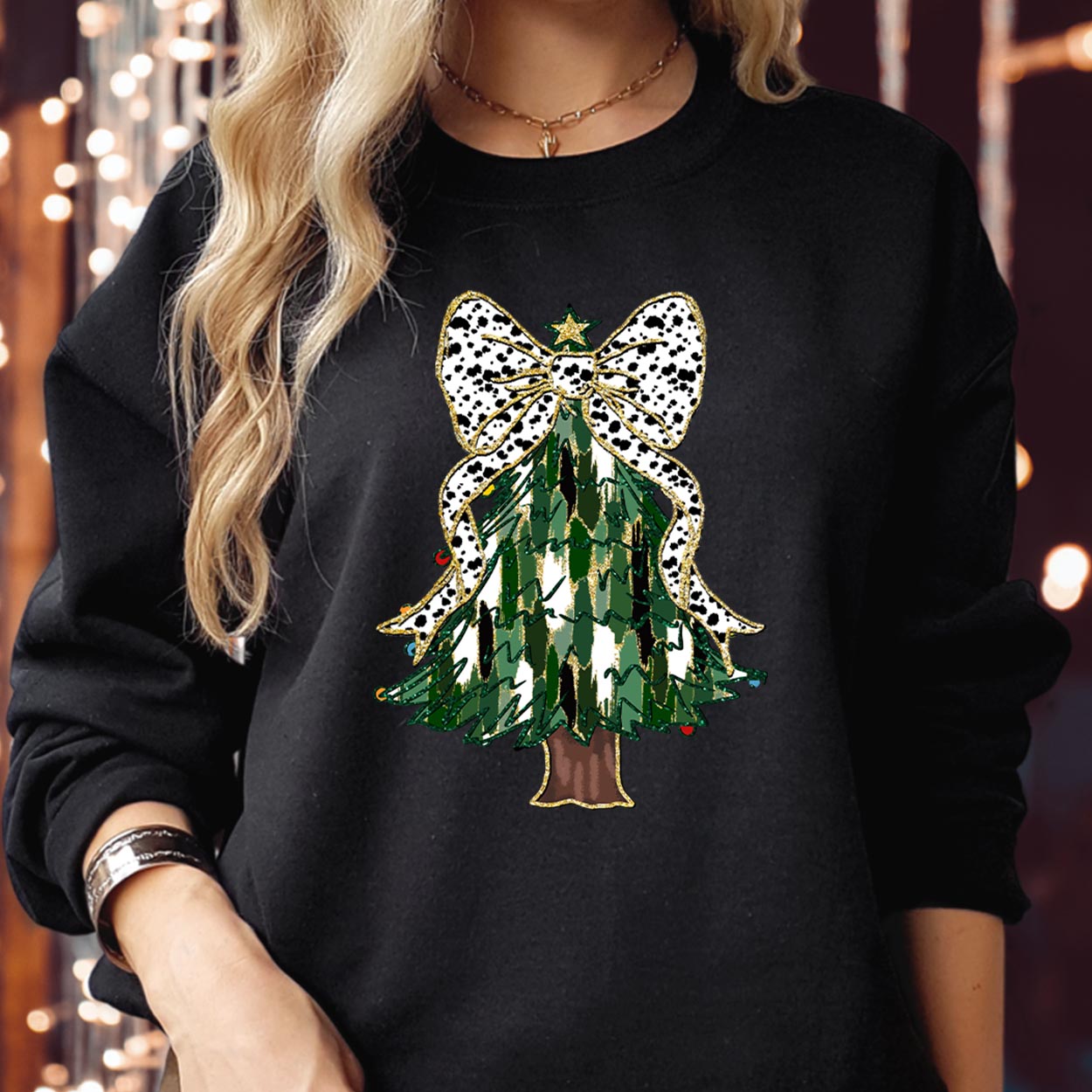 Merry Christmas Colourful Coquette Bow Sweatshirt Christmas Tree Light Bright and Merry Funny Family Holiday Season Gift Xmas Jumper