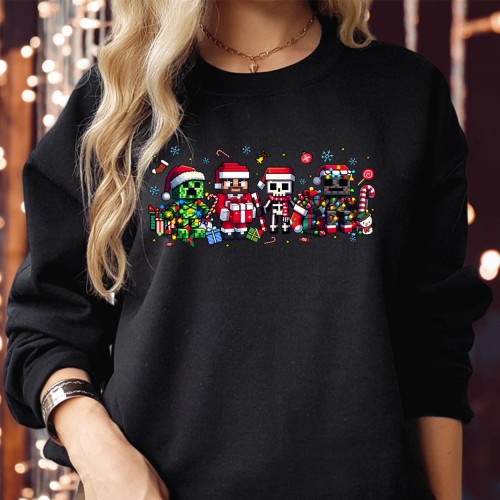Pixel Christmas Gamer Sweatshirt Block Game Holiday Mobs Funny Santa Hat Xmas Character Shirt Matching Family Gift Costume Jumper