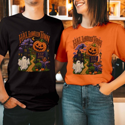Halloweentown Est 1998 T-Shirt, Pumpkin Signpost Specter Ghost Shirt, Cobblestone Path Autumn Halloween Tee, Retro Spooky Village Season Top