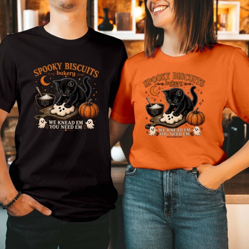 Spooky Biscuits Bakery Black Cat Kneading Ghost Dough T-Shirt, We Knead Em You Need Em Shirt, Cute Kitty Halloween Tee, Autumn Baker Top