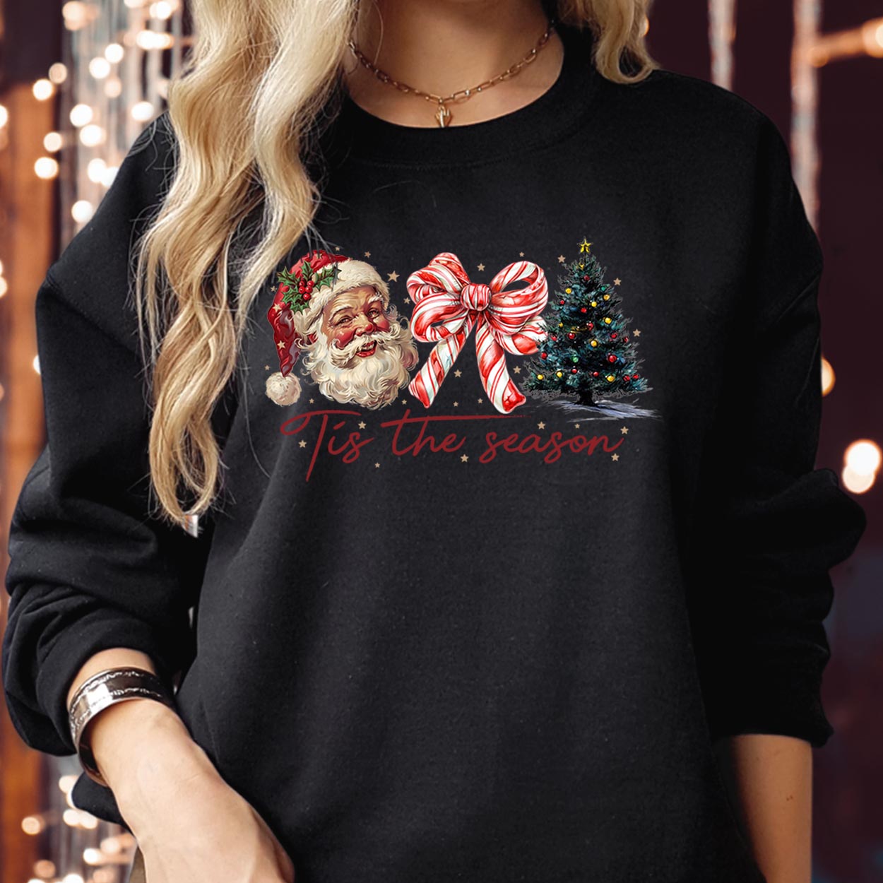 Merry Christmas Tis the Season Coquette Bow Retro Santa Christmas tree Funny Family Holiday Season Gift Xmas Jumper