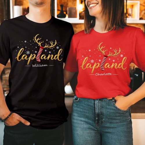 Personalised Lapland 2026 Family Matching Christmas T-Shirt, Custom Gold Glitter Print Reindeer Antlers Scarf Holiday Tees, Festive Xmas Men Women Kids Tops