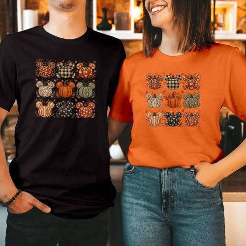 Patterned Mouse Ears Pumpkins T-Shirt Plaid Leopard Floral Seasonal Unisex Tee Adults and Kids, Perfect for Halloween Parties Gift T Shirt